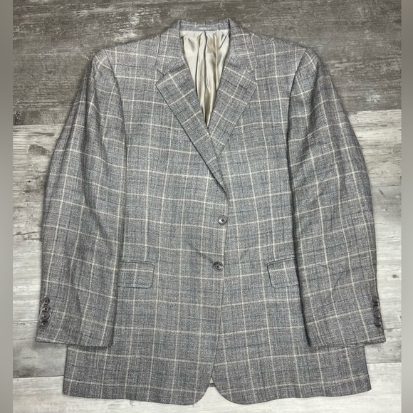 Hickey Freeman Grey w/ Blue & Cream Plaid Silk Sport Coat 44R